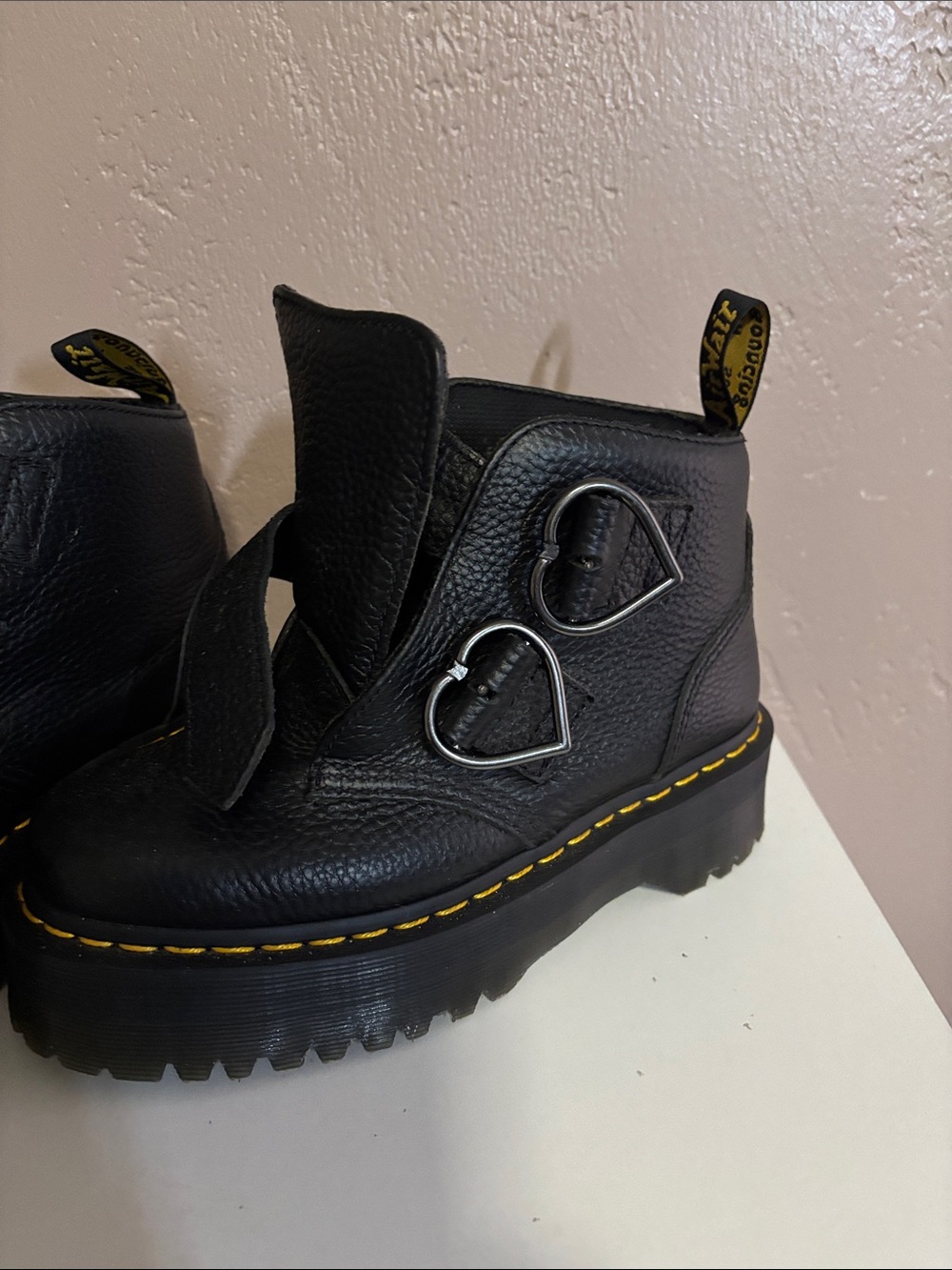 Dr. Martens Black Platform Lace-Up Boots with Silver Heart Buckles